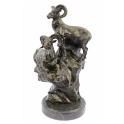 Two Rams On A Cliff Bronze Sculpture on Marble Base Statue