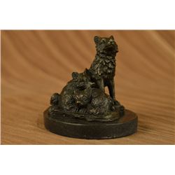 Miniature Wolf Family Bronze Sculpture on Marble Base Figurine