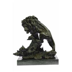Art Deco Bronze Sculpture African Mountain Lion With Cub Statue on marble base Figurine