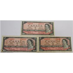 LOT OF 3 CANADIAN 1954 $2.00 DOLLAR BILLS