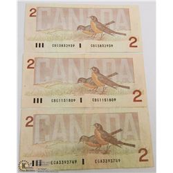 LOT OF 3 CANADIAN 1986 $2.00 DOLLAR BILLS