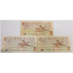 LOT OF 3 CANADIAN 1986 $2.00 DOLLAR BILLS