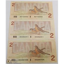 LOT OF 3 CANADIAN 1986 $2.00 DOLLAR BILLS