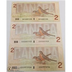 LOT OF 3 CANADIAN 1986 $2.00 DOLLAR BILLS