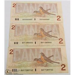 LOT OF 3 CANADIAN 1986 $2.00 DOLLAR BILLS
