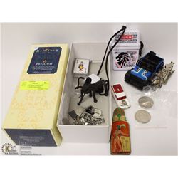 187) BOX OF ASST ITEMS INCL COINS, CLOCKS AND MORE