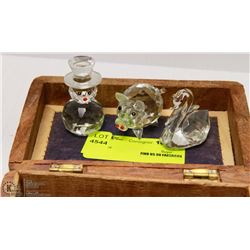 CARVED WOOD BOX WITH THREE CRYSTAL ORNAMENTS