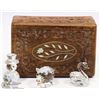 Image 2 : CARVED WOOD BOX WITH THREE CRYSTAL ORNAMENTS