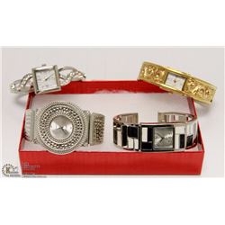 BOX OF 4 VARIOUS LADIES CUFF WATCHES