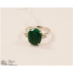 217-GREEN EMERALD & CZ  RING .925 STERLING SILVER
