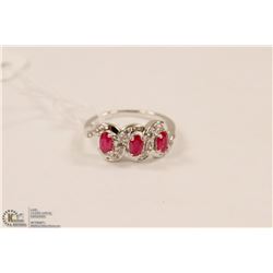 166-RED RUBY & CZ  RING .925 STERLING SILVER