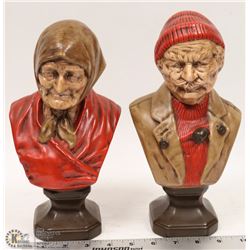 A PAIR OF CLAY OLD MAN AND OLD WOMAN STATUES