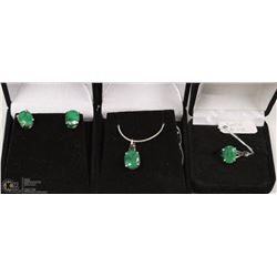 STERLING SILVER EMERALD RING, EARRINGS &