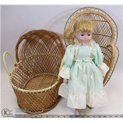 PORCELAIN DOLL WITH WICKER BASKET AND CHAIR