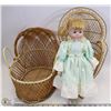 Image 1 : PORCELAIN DOLL WITH WICKER BASKET AND CHAIR