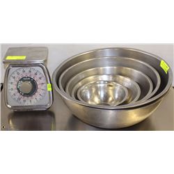 LOT OF  MIXING BOWLS AND SCALE