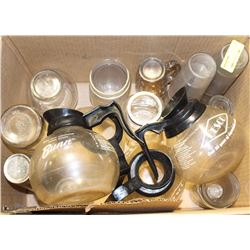 BOX OF COFFEE POTS, WATER PITCHERS & GLASSES/MUGS