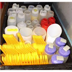 BOX OF ASSORTED CONDIMENT CONTAINERS & SCOOPS
