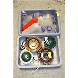 2 BUS TRAYS WITH SMALL CROCK POTS AND BOTTLES