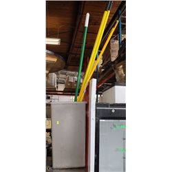 GARBAGE PAIL W/ BROOMS AND MISC