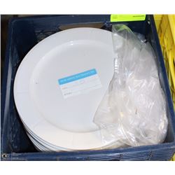 CRATE WITH 18 WHITE ROUND RESTAURANT PLATES