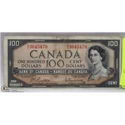 1954 BANK OF CANADA $100 BANKNOTE IN SLEEVE