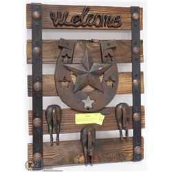 WOOD & CAST METAL WELCOME SIGN COAT RACK 16"X12"