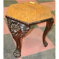 ANTIQUE OAK CARVED 3 LEG END TABLE CLAW FEET
