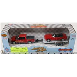 1:43 DIE CAST MOTOR MAX PICKUP/MUSTANG ON TRAILER