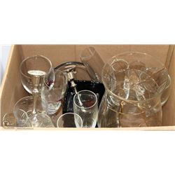 BOX OF GLASSWARE, INCLUDES PRINCESS HOUSE