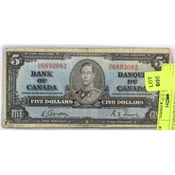 1937 CANADIAN $5 DOLLAR BILL