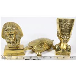 2 BRASS EGYPTIAN STATUES PLUS TURTLE TRINKET BOX