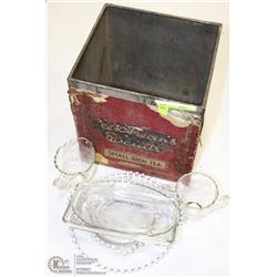 VINTAGE ESTATE TIN WITH ETCHED GLASS SERVERS