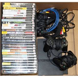 PLAYSTATION 2 CONSOLE WITH 3 CONTROLLERS AND 28