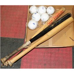 BOX W / 3 SOFTBALL BATS AND 6 BALLS