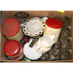 ESTATE BOX WITH VINTAGE CANISTER SET, MILK BOTTLES