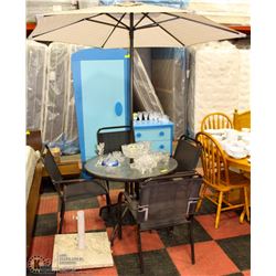 METAL AND GLASS PATIO TABLE WITH 4 CHAIRS UMBRELLA