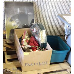 PALLET OF CHRISTMAS ORNAMENTS AND PICTURE