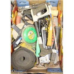 BOX OF ASSORTED HAND TOOLS INCL. HACK SAW, HAMMER