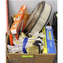 BOX OF CAR ACCESSORIES INCL . AIR FILTERS, MIRROR