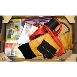 FLAT OF EXCERCISE EQUIPMENT INCL WORK OUT TAPES