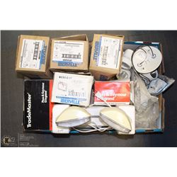 BOX OF ELECTRICAL SUPPLIES INCL EMERGENCY LIGHTS,