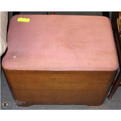 VINTAGE WOOD AND FABRIC STORAGE STOOL WITH