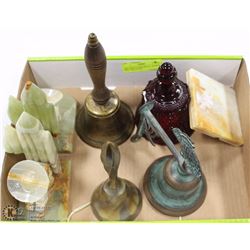 BOX WITH 4 HAND BELLS - SCHOOL BELL, RED GLASS,