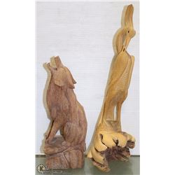 WOOD CARVED CRANE AND WOLF ORNAMENTS