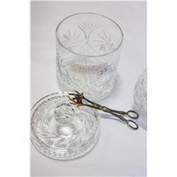HEAVY PINWHEEL CRYSTAL LIDDED ICE BUCKET WITH TONGS AND LIDDED DECANTER