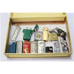 LARGE CIGAR BOX WITH ASSORTED LIGHTERS