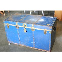 BLUE AND BLACK STORAGE TRUNK WITH CONTENTS