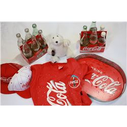 COCA COLA TIN SERVING TRAY POLAR T-SHIRT BASEBALL HATS AND TWO SIX PACKS OPENED BOTTLES