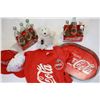 Image 1 : COCA COLA TIN SERVING TRAY POLAR T-SHIRT BASEBALL HATS AND TWO SIX PACKS OPENED BOTTLES